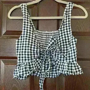 American Eagle Smock Gingham Bow Front Tie Navy blue nautical checkered Top - S